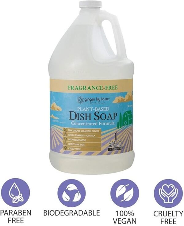 Ginger Lily Farms Botanicals Plant-Based Liquid Dish Soap, Concentrated Formula with Max Grease Cleaning Power, Cruelty-Free, Fragrance-Free, 1 Gallon Refill (128 Fl. Oz.), Clear - Image 2