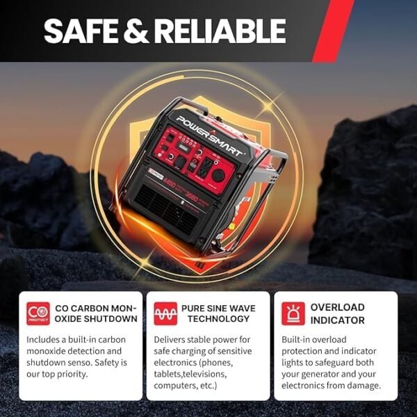 PowerSmart Portable Inverter Generator 4450W, Gas Powered, CO-Sensor, EPA Compliant, Lightweight & Quiet for Home Use and Emergency Backup, Camping - Image 3