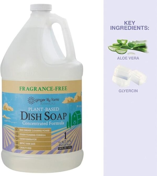 Ginger Lily Farms Botanicals Plant-Based Liquid Dish Soap, Concentrated Formula with Max Grease Cleaning Power, Cruelty-Free, Fragrance-Free, 1 Gallon Refill (128 Fl. Oz.), Clear - Image 4