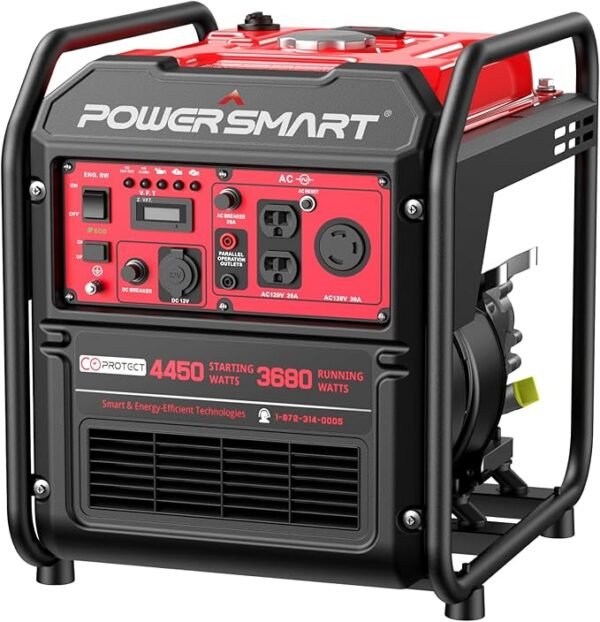 PowerSmart Portable Inverter Generator 4450W, Gas Powered, CO-Sensor, EPA Compliant, Lightweight & Quiet for Home Use and Emergency Backup, Camping