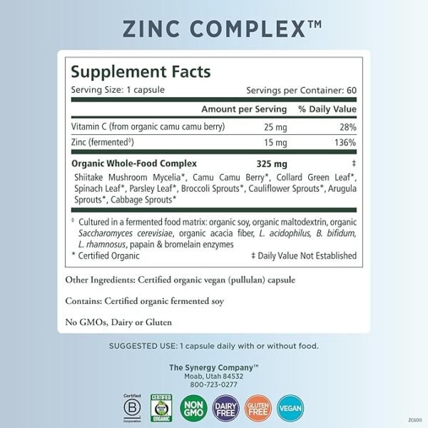 PURE SYNERGY Zinc Complex | Immune Support Supplement | Natural, Vegan Zinc Complex with Vitamin C and Organic Whole Foods | for Immune, Brain, and Skin Health (60 Capsules) - Image 2