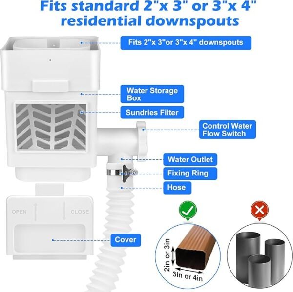 WADEO Rainwater Collection System, Downspout Diverter Fits for 2"x 3" or 3"x 4" Residential Downspouts, Rain Barrel Diverter Kit with Adjustable Valve and Filter, 5FT Hose, White - Image 4