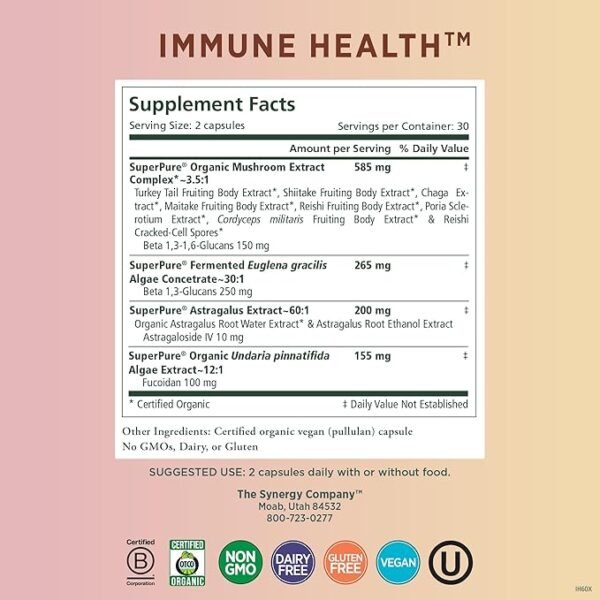 PURE SYNERGY Immune Health | Immune Support Mushroom Supplement | Astragalus and Beta-Glucan Extracts with Organic Functional Mushroom Extracts | for Year-Round Immune Support (60 Capsules) - Image 2