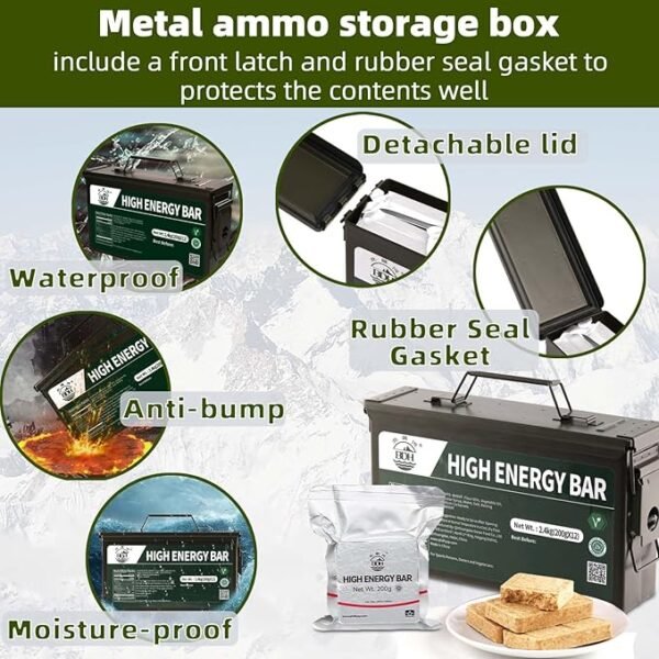 Emergency Food Ration Bars - Waterproof Metal Storage Box Packing, Metal Ammo Can, Long Shelf Life Emergency Food Supplies, 9 Days Food Rations Supply for Outdoor Camping Hiking Snowstorm,12 Count - Image 2