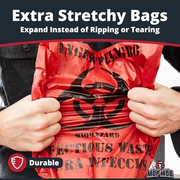 No Leak, Hospital Grade Biohazard Waste Bags 150 Pk. 10 Gallon, 24" Red Trash Liner With Hazard Symbol For Infectious Waste Disposal - Image 4