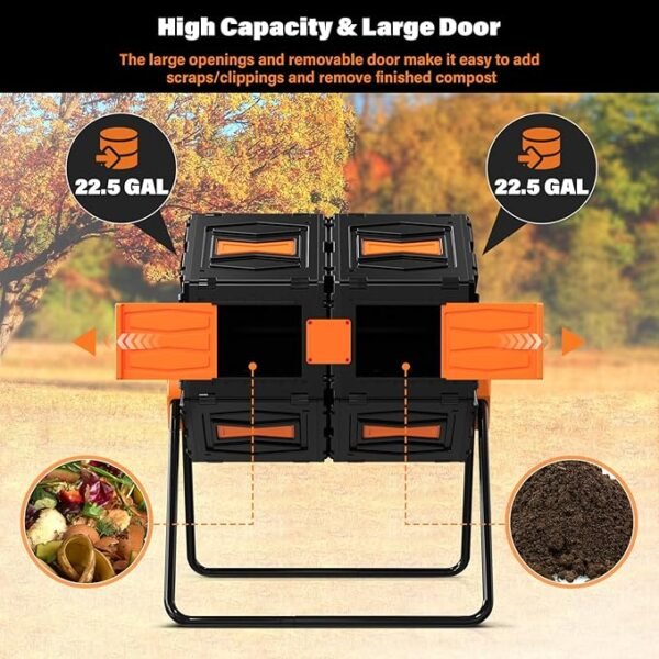 Compost Tumbler, Easy Assemble & Efficient Outdoor Compost Bin, 45 Gallon/170 Liter Large Dual Chamber Rotating Composter for Garden, Kitchen, and Yard Waste, Orange Door - Image 3